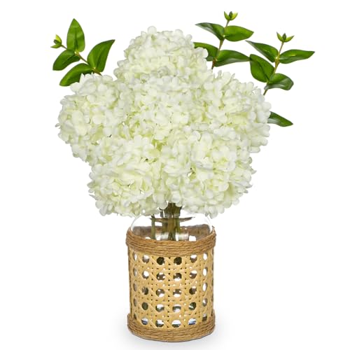 Hollyone White Hydrangea Artificial Flowers in Woven Glass Vase with Faux Water Silk Hydrangeas Fake Flowers Floral Arrangement for Home Indoor Bathroom Kitchen Office Table Centerpiece Shelf Decor - color: White-woven Vase