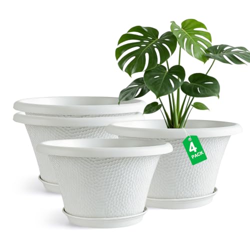 Quarut 12 Inch Plant Pot,4 Pack Large pots for Plants,Flower Pots with Drainage Hole & Saucer,Modern Planters for Indoor Outdoor Plants,Decorative Resin Garden Pots,White - color: Diamond Pattern-white, size: 12 inch-4 Pack