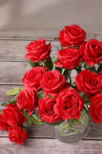 Luyue 10PCS Artificial Roses Flower with Stems Slik Fake Flowers Bouquet Realistic Long Stem Faux Rose for Valentines Day Wedding Home Decor - color: A-red
