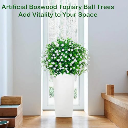 2Pack Artificial Topiary Ball Tree Outdoor with Spike,Spring Faux Boxwood Topiary Fake Bushes Shrubs White Realistic,15.8" D UV Resistant Artificial Greenery Plants for Outdoor Planter Garden Porch - color: White