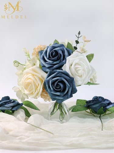 Artificial Flowers 25 Pack Dutch Blue Faux Foam Roses with Stems, Real Looking Fake Rose for DIY Wedding Bouquets, Bridal Shower Centerpieces, Party Table Decorations, Home Decor - color: Dutch Blue & Dusty Blue, size: 25Pcs