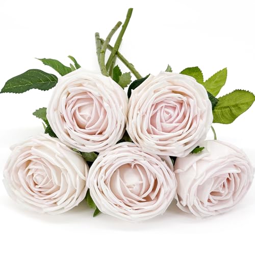 5Pcs Light Pink Real Touch Silk Flowers - Lifelike Roses Peony | Lifelike light pink roses & peonies with soft latex touch, no watering needed. Perfect for wedding bouquets, home decor & DIY - color: Light Pink