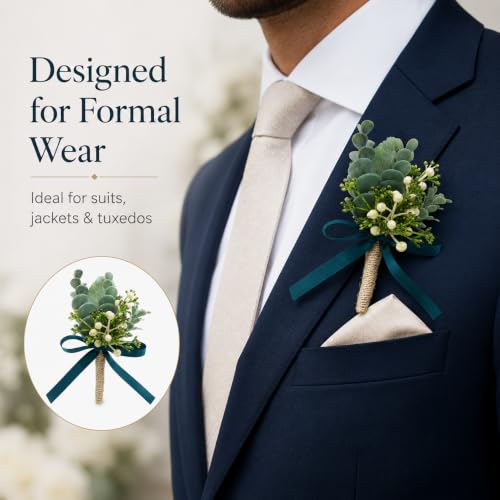 ChezMax Wedding Handmade Corsage Fake Succulent Eucalyptus Plants Realistic Greeny Boutonniere Wedding Decor 2pcs - color: C-greeny Boutonniere-2 Pcs