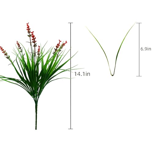 alyptus Artificial Flowers Outdoor 12 Bundles Fake Plants Outside Red Flower Grass Faux Greenery Spring Summer Wildflower Decoration for Outdoors Yard Front Porch Planter Decor (Red Flowers) - color: Red Flowers