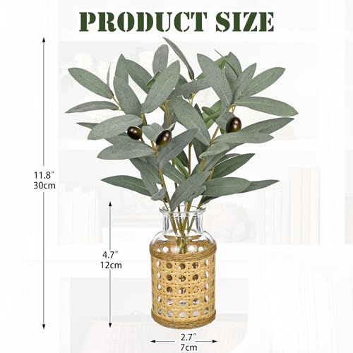 Hollyone Artificial Olive Branch in Woven Glass Vase with Faux Water 11.8" Fake Plants Olive Leaves Stems for Indoor Shelf Desk Home Bathroom Wedding Table Centerpiece Decor - color: Green #2