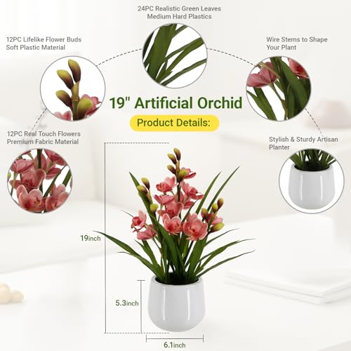 Fake Orchid Plant 19" Tall, Realistic Touch Leaves, Potted Cymbidium Artificial Plants Indoor for Home Decor Small Office Home Living Room-Pink - size: 19 Inch Cymbidium Orchid Pink