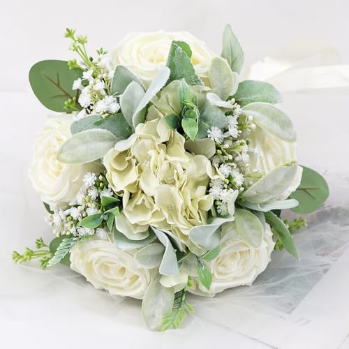 White Bridesmaid Bouquets for Wedding - Silk Artificial Ivory Bridesmaid Flowers, Pre-Made Roses Sage Green Boho Bridal Floral for Bride Party Ceremony Anniversary Decoration Girls - 9inch - color: White-2, size: Set of 1 Bridesmaid Bouquets