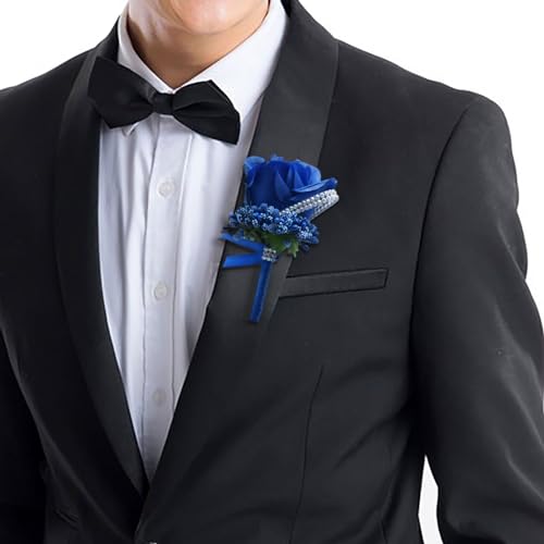 Boutonniere for Wedding Groom 2pcs Royal Blue Rose Groomsmen Best Man Father Suit Lapel Flower Button Hole Artificial Flower with Gold Ornament for Prom Homecoming, Tea Party, Formal Dinner - color: Royal Blue Boutonnirere