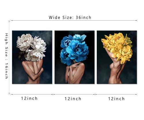 3 Panels Women Pictures Wall Art Flowers Head Posters Prints on Canvas Sexy Girls Artwork for Living Room Bedroom Home Decoration Framed Ready to Hang - 12" W x 16"H x 3pcs - color: Art01, size: 12x16x3pcs