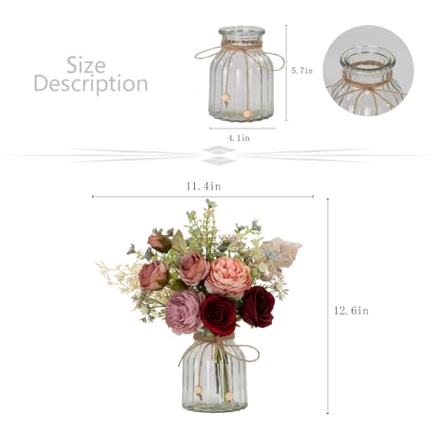 LESING Fake Artificial Flowers with Vase Faux Silk Flower Bouquet in Glass Vase Rose Floral Arrangements Flower for Home Office Decoration, Dining Table Centerpiece (Red) - color: Red