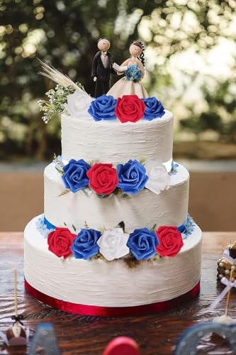 100pcs White Foam Roses Heads,3inch Blue Faux Flowers Red Artificial Rose Stemless Fake Flower Bulk for DIY Crafts,Cake Decoration Wedding,Baby Shower Flower Centerpieces(White,Red&Blue) - color: 100pcs White&red&blue