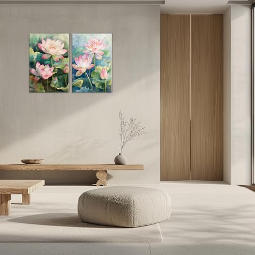 KPLUNDO Zen Canvas Wall Art 2 Panel Blooming Pink Lotus Poster Wall Decor Watercolor Lotus Pond Painting Modern Artwork Spa Room Home Decoration Ready To Hang(Artwork-2,24"x32"x2pcs) - color: Artwork-2, size: 24"x32"x2pcs