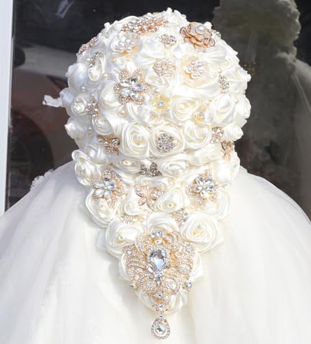 Luxury Cascade Bridal Wedding Bouquet Satin Rose Waterfall Holding Bouquet Artificial Flower Bunch for Bride Bridesmaid(Ivory, 15" x 7.5") - color: Ivory, size: 15"L x 7.5"W(38cm x 19cm)