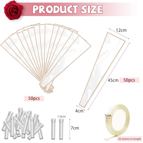 Bayurht 101 PCS Single Rose Sleeve Single with Ribbon and 50 Pcs Floral Water Tubes Flower Packaging Bags Single Flower Sleeve Flower Wrapping Bags for Bouquets Wrapping (White) - color: White