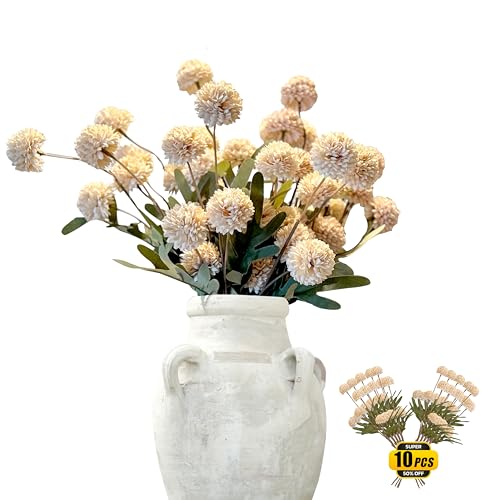 10pcs Fall Artificial Flowers, Champagne Faux Mums + Baby's Breath, Fake Silk Stems Fall Floral Centerpiece, Autumn Wedding/Home Decor, Table Centerpieces for Baby Shower - color: Champagne