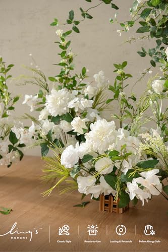 Ling's moment 17.5" Tall Free Standing Artificial Flowers Arrangements 4 pcs Fall Wedding Aisle Runner Chair Decorations Lily of The Valley Ceremony Reception Rose Floral Party Outdoor Centerpieces - color: Wht-lily White & Olive