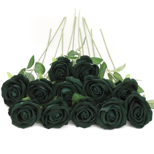 12Pcs Green Roses Artificial Flowers Fake Rose Faux Velvet Silk Flowers for Home Wedding Decoration (Pearl Roses - Green) - color: Pearl Roses - Green 12p