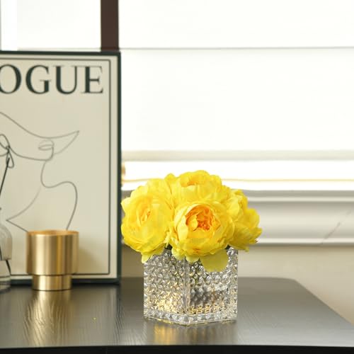 Artificial Peony Silk Flower Centerpieces with LED Light Faux Floral Arrangement in Glass Vase for Home Wedding Table Decoration (Yellow) - color: Light-yellow