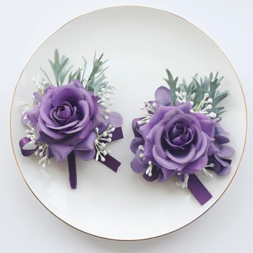 MAFELOE 2 Pieces Boutonniere Wrist Corsage Set, Artificial Rose Flowers Men Women Bride Groom Wedding Prom Party Suit Decor - Dark Purple