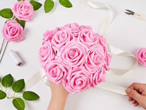 16 Pcs Fake Dark Pink Roses Artificial Flowers | Pink Foam Roses with Stems, Artificial Flowers for DIY Wedding Bouquets, Centerpieces, Party, Home Decor - color: Dark Pink