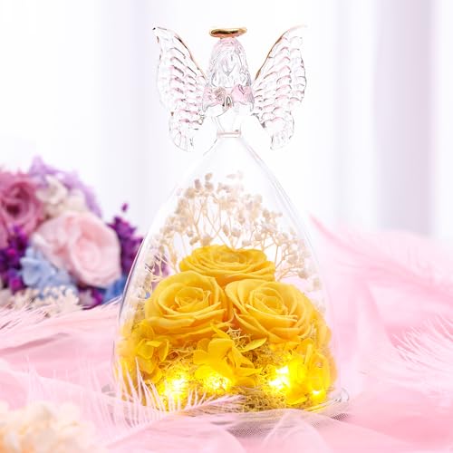 Mothers Day Rose Gifts for Women Preserved Real Flower in Glass Angel Figurines Roses for Delivery Prime Birthday Gifts for Mom Grandma Girlfriend Wife Her, Yellow - color: Yellow