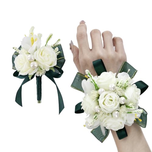 White Rose Corsage and Boutonniere Set, Prom Flower Wrist Corsage Wristlet Band Bracelet, Boutonniere for Men Dark Green Wedding Flowers Accessories Prom Suit Decorations - color: White & Dark Green