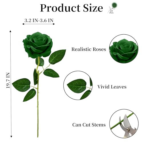 Eternal Blossom 10pcs Rose Artificial Flower,Artificial Rose Silk Flower 50cm Fake Flowers Rose Blossom Bridal Bouquet for Home Wedding Decor (Dark Green) - color: Dark Green
