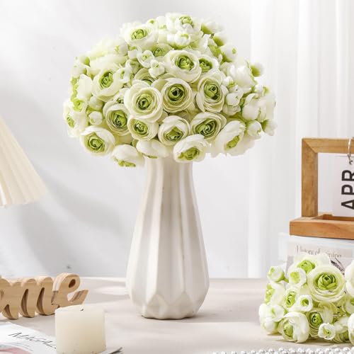 Giegxin 48 Pcs Ranunculus Artificial Flower,Real To Lifelike Peonies Artificial Flower Silk Faux DIY Bouquet for Wedding Bridal Shower Valentine Centerpieces Arrangements Home Decorations(White,Green) - color: White,green