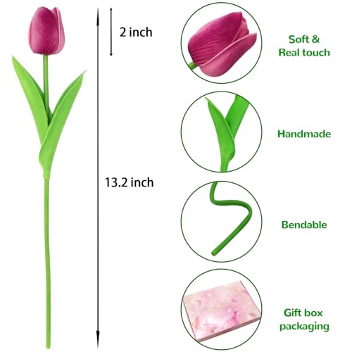 28pcs Multicolor Flowers Artificial Tulip Stems Real Feel PU Tulips for Easter Spring Wreath Wedding Bouquet Centerpiece Floral Arrangement Cemetery Table Décor 13" Tall - color: Multi Color