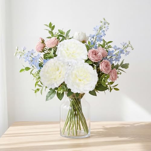 White Carnations Artificial Flowers 10Pcs Large Carnations Heads Lush Silk Flowers Bouquet with Stems for Wedding Bouquets Bridal Home Table Centerpieces(White) - color: Ivory