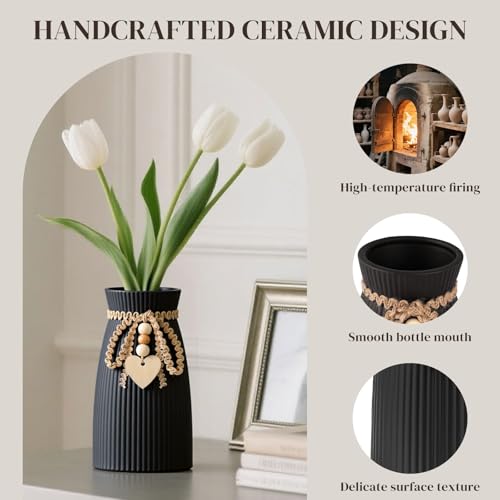 DomeStar Black Ceramic Vase, 6.3" Tall Boho Ribbed Vase for Pampas Grass, Wedding Centerpiece, Coffee Table, Bedroom & Apartment, Neutral Farmhouse Minimalist Modern Home Decor - color: Black
