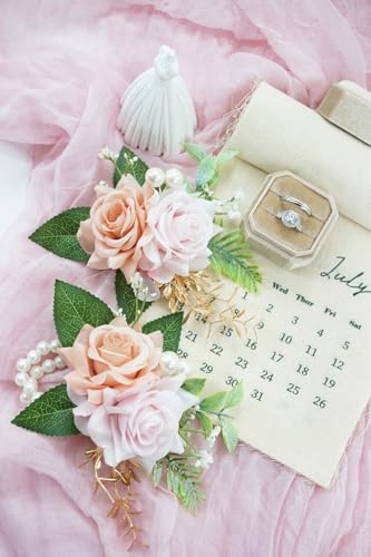 Dusty Pink Corsage and Boutonniere Set for Wedding Prom, Artificial Rose Flower Wrist Corsage Bracelets, Homecoming Corsage Wristlet, Boutonniere for Men Wedding Suit Decorations - color: Dusty Pink