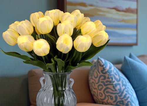 HOMESEASONS 20 Stems LED Lighted Artificial Flowers Tulip Lamp Real Touch Tulips Faux Flower Lights for Valentine's Day and Easter Home Kitchen Wedding Dining Table Decor(White) - color: White