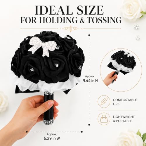 MAGICLULU Elegant Black Bridal Wedding Bouquet with Chic Artificial Foam Flowers, Artificial Holding Flowers for Brides and Bridesmaids, Ideal for Weddings, Parties, 9.44X6.29X6.29in