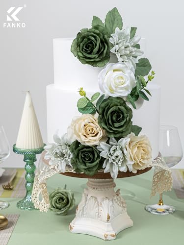 FANKO Artificial Flowers for DIY, Green White Cream Faux Flowers Bouquet, Fake Rose Silk Flowers for Vase, Home Decor, Garlands, Greenery-Themed Wedding, Party, Housewarming - color: Green & Gray