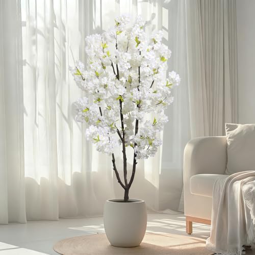 Faux White Cherry Blossom 6ft(72in) Artificial Floor Plant for Indoor Decor Natural Potted Tree with Texture Flowers and Realistic Wood Trunk for Home Living Room,Office Perfect Housewarming Gift - color: Cherry Blossom(white 7), size: 6ft