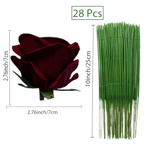 HinyoCo 28 Pcs Silk Roses Artificial Flower， Fake Roses with Stems for Wedding Bouquets Tables Centerpieces Arrangements Party Baby Shower Birthday Home Decor (Dark Red) - color: Dark Red