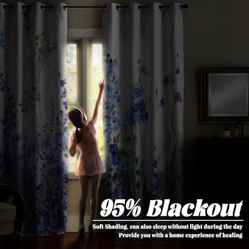 Renaiss Purples Blue Floral Print Blackout Curtains, Pastel Wild Flowers Thermal Insulated Bedroom Window Curtains, Spring Floral Art Window Curtains for Kitchen, 45" L x 29" W 2 Panel Set - color: Light Purple, size: 29"W x 45"L (Pack of 2)