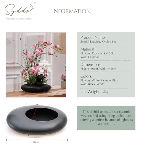 SYDDOL 17" Artificial Orchid Flowers with Pot Decorative Large Phalaenopsis Real Touch Faux Orchid Arrangement for Home Office Living Room Table Centerpiece Desk Decor - color: Pink Flower + Black Pot