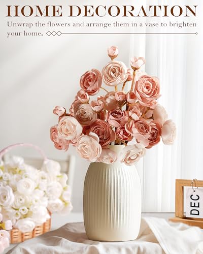 24Pcs Ranunculus Artificial Flowers, Faux Ranunculus Flowers Bulk, Fake Peonies Look Real - 4 Blooms per Stem, Silk Flowers Bouquets for Wedding, Decor - Perfect Match to Tulips & Peonies, Dusty Rose