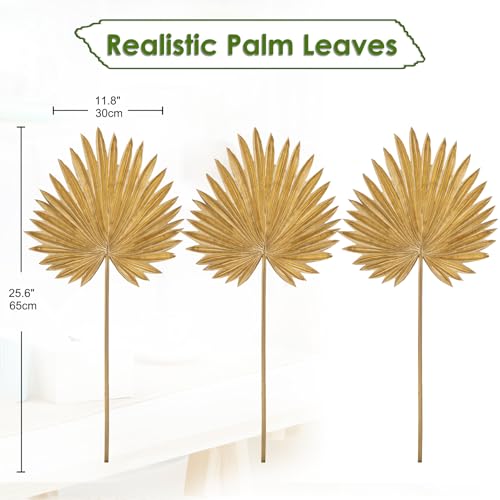 Large Pu Foam Gold Artificial Palm Leaves Faux Palm Tropical Leaves Fake Palm Fronds for DIY Wedding Bouquets Fake Leaves for Centerpieces Arrangements Bridal Shower Palm Leaf for Home Decor-3 Pcs - color: Gold-l