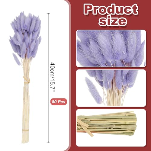 PATIKIL 15.7in Bunny Tails Dried Flowers, 80pcs Pampas Grass Decor Rabbit Tail Natural Pampas Grass Bulk Fluffy Faux Pampas Grass Dried for Home Boho Decor Vase Wedding Table, Purple - color: Purple