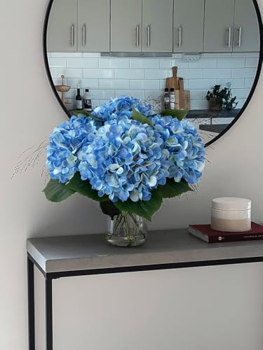 YalzoneMet 4Pcs Blue Silk Hydrangeas Artificial Flower Lifelike Big Blooms 20'' Long Stem Faux Hydrangea Flower Bouquets for Home Indoor Baby Shower Spring Outdoor Wedding Table Centerpiece Decor - color: Blue