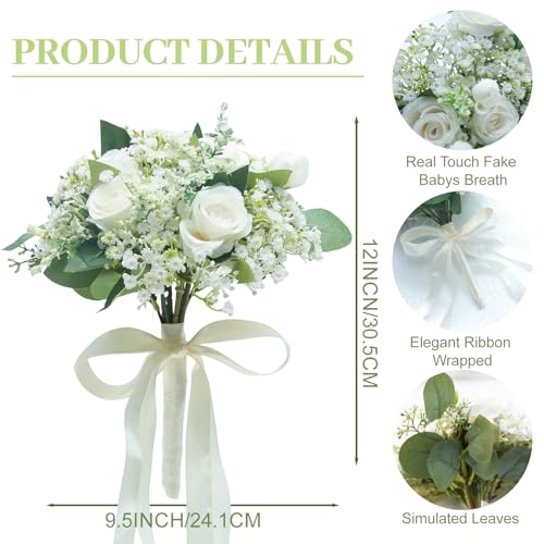 Artificial Bridesmaid Bouquets Set of 6 - Ivory White 9 Inch Flower Bouquet for Wedding Party Ceremony Anniversary Table Centerpieces Decor Faux Boho (Small Rose & Babys Breath & Ribbon) - color: Small Rose