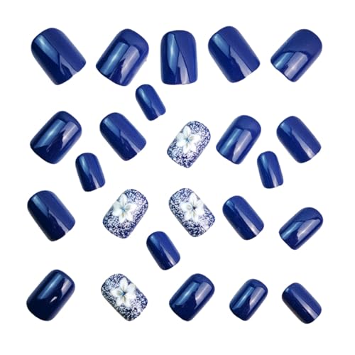 Flower Press on Nails Short Square Fake Nails Blue Glossy False Nails Press Ons with Elegant Flower Glitter Designs Floral Glue on Nails Full Cover Artificial Acrylic Nails for Women Girls 24 Pcs - color: Blue White Flower