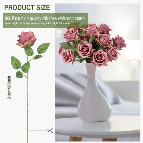 Thiccywoov 30 Pcs Rose Artificial Flowers in Bulk Lifelike Long Stem Silk Roses Bouquets Realistic Faux Flowers for Wedding Bridal Shower Home Decor Floral Arrangements Table Centerpiece(Dusty) - color: Dusty