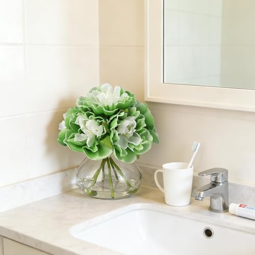 Green Peony Bouquet in Glass Vase - 6 Piece Artificial Flower Arrangement with Faux Water for Wedding & Home Centerpieces - color: Peony Flowers, size: Green
