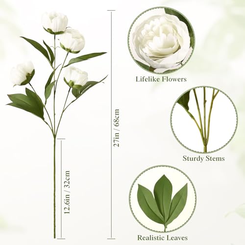 Dremisland 3 Pcs Faux Peonies Artificial Flowers 27" Faux Peony Stems Flowers White Peonies Branch for Vase Filler DIY Bouquet Centerpiece Floral Arrangements Home Wedding Bridal Showers Decor - size: 3PCS