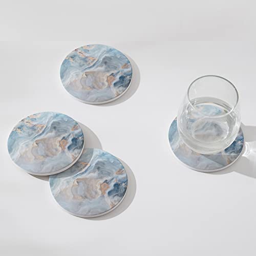 Set of 6 Abstract Blue Marble Coasters with Holder, Absorbent Ceramic Coasters for Drinks, Coasters with Cork Backing for Table Protection, Housewarming Gifts for New Home - color: Abstract Blue Marble