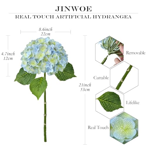 JINWOE Light Blue Artificial Hydrangea Flowers, 3Pcs 21" Latex Real Touch Flowers, Faux Silk Flowers Fake Hydrangeas with Stems for Bouquet Table Centerpieces Halloween - color: Light Blue, size: 3pcs